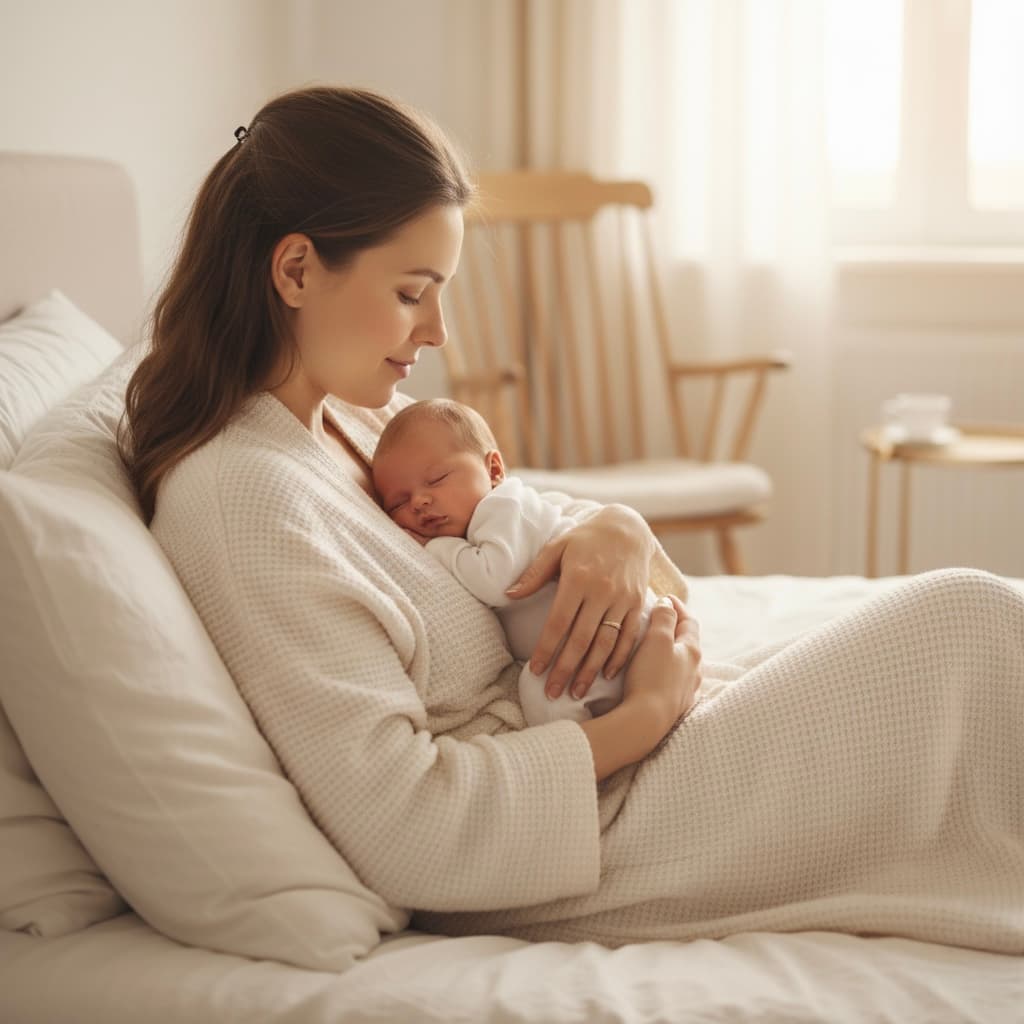 Restful postpartum scene with parent and newborn